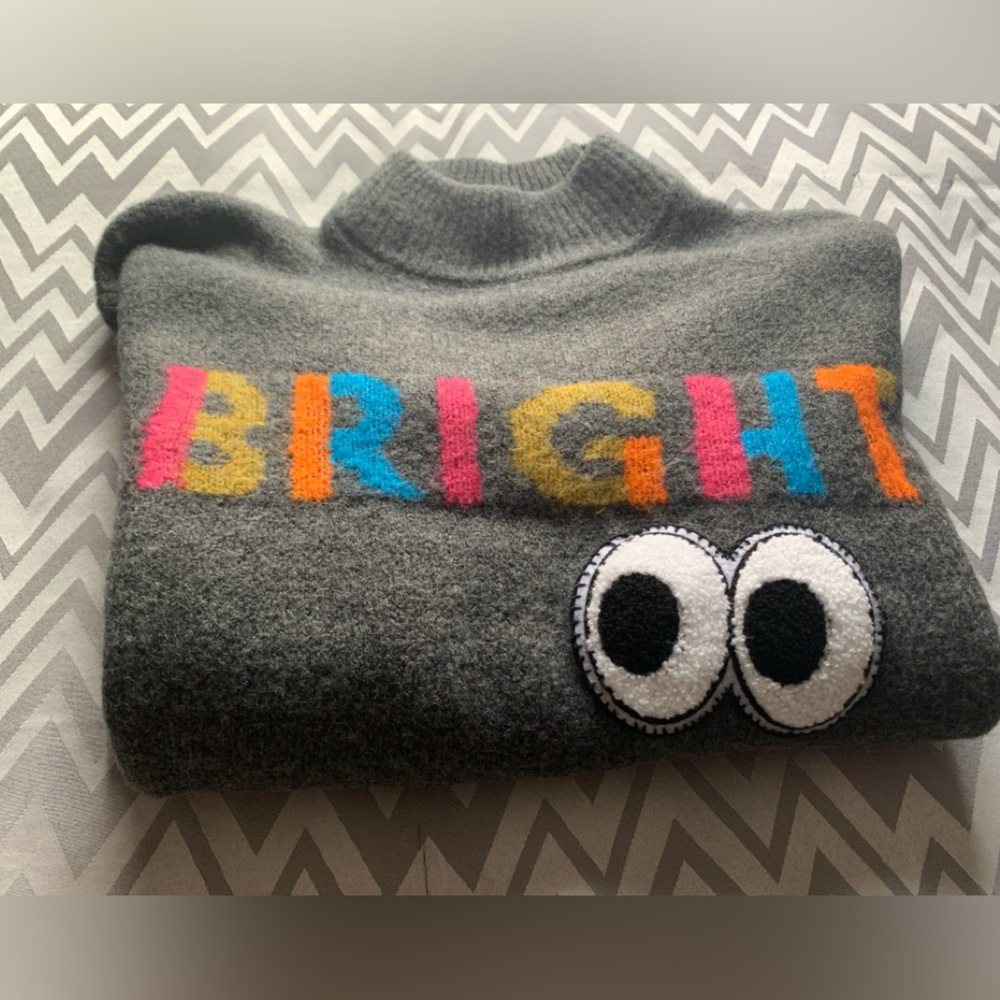 Boutique BRIGHT Eyes Graphic Knit Sweater Grey Small
